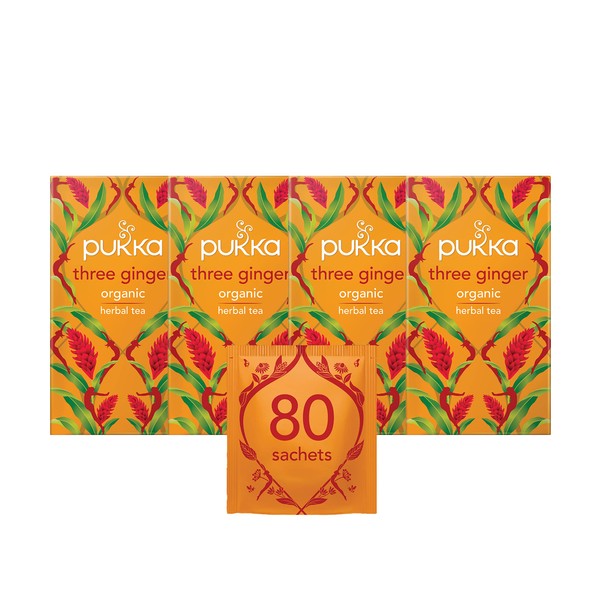 Pukka Herbs | Three Ginger Organic Herbal Tea | Ginger, Turmeric and Galangal | Perfect For After Meals |4 packs | 80 Sachets (Packaging May Vary)