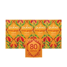 Pukka Herbs | Three Ginger Organic Herbal Tea | Ginger, Turmeric and Galangal | Perfect For After Meals |4 packs | 80 Sachets (Packaging May Vary)