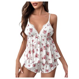 Verdusa Women's 2 Piece Floral Lace Pajama Set Summer Flowy Camisole Tops with Shorts Loungewear White Medium