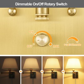 TRLIFE Dimmable Wall Sconce Plug in, Brushed Brass Wall Sconces Set of 2 Swing Arm Wall Lights with Plug in Cord and Dimmer On/Off Knob Switch, 11.8" Large White Fabric Shade(2 LED Bulbs Included)
