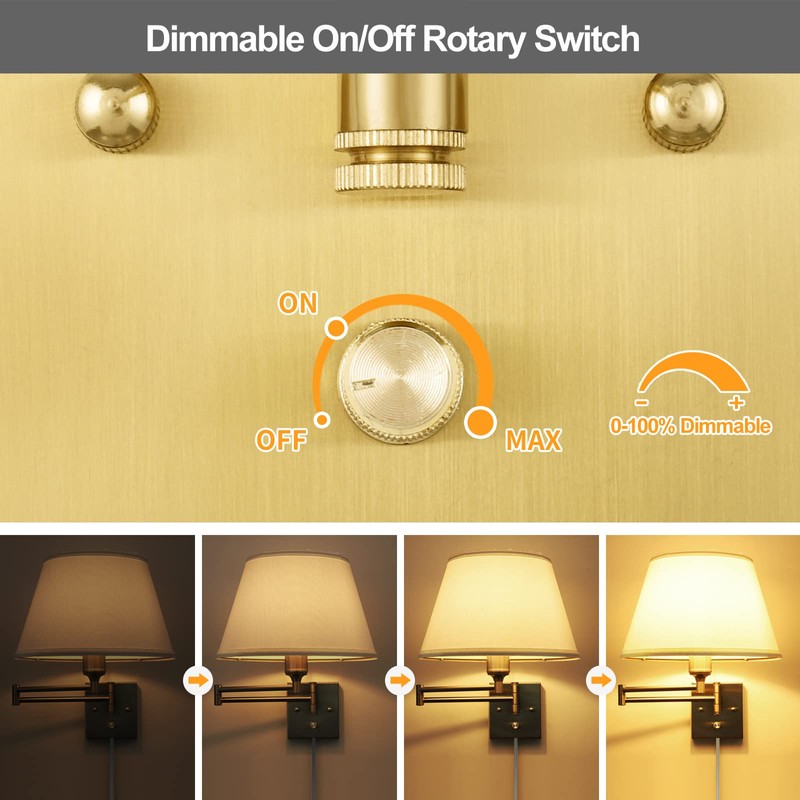 TRLIFE Dimmable Wall Sconce Plug in, Brushed Brass Wall Sconces