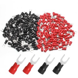 Litoexpe 200 Pcs 16-14 AWG Insulated Fork Spade Wire Connector, U Type Electrical Crimp Terminals Stud Size #8 (100 Pcs Red +100 Pcs Black)