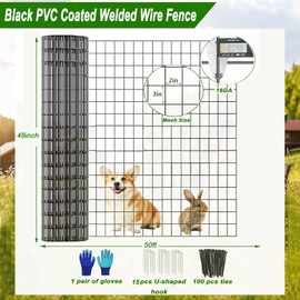 YAGJIA Welded Wire Fence 48inch x 50ft, Black PVC Coated Garden Fencing, 2 inch x 3inch 16Gauge Chicken Wire Fence Roll, Anti-Rust Metal Fencing for Yard Plant Protection Poultry Netting