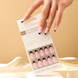 30Pcs Press on Nails Medium Almond SWEKKE French Tip Fake Nails Pink Full Cover Black Nail Tip False Nails with Designs Glossy Glue on Nails Acrylic Nails Manicure Artificial Nails for Women Girls