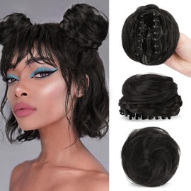 SOFEIYAN 2PCS Mini Claw Clip in Hair Bun Braid Messy Cat Ears Hair Bun Extension Synthetic Donut Wig Accessory Updo Space Bun Braid Hair Pieces for Women Girls, Darkest Brown Tend to Black