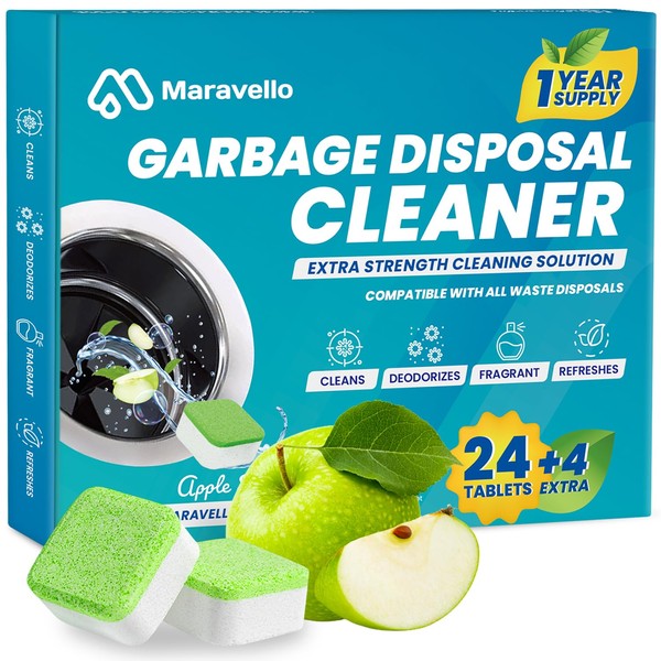 Garbage Disposal Cleaner and Deodorizer 28 Tablets: Maravello Sink Foaming Garbage Disposer Freshener - Kitchen Drain Cleaning Pods with Apple Fresh Formula - 1 Year Supply