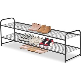 AOODA Long 2 Tier Shoe Rack for Closet Metal Wide Stackable Shoe Storage Organizer for Entryway, Bedroom, Floor, 18-Pairs Low Shoe Shelf, Black