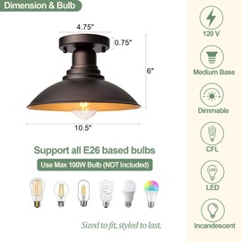GOLDHILL 10.5" Low Profile Semi Flush Mount Ceiling Light, Modern Farmhouse Metal Fixture with Gold Interior, Damp Rated Outdoor Porch Light for Bathroom & Hallway