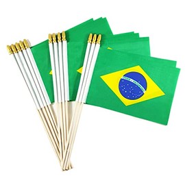 Newperlite Brazil Stick Flag Brazilian Small Mini Hand Held Flags - Solid Wooden Pole & Spear Top (12 Pack, 5x8 Inches)