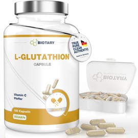 Biotary L Glutathione 160 Capsules 500 mg per Daily Serving Reduced to 98% with Vitamin C Including Pill Box 5 Months Supply Bioactive L Glutathione 100% Vegan Pure Formula Tested Quality