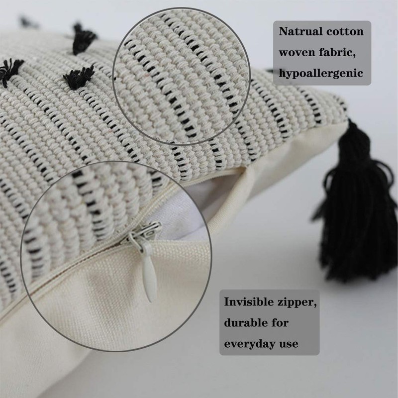 Mocofo 40.6 cm Cream/White/Grey Woven Tufted Tassel Fringe Cushion Sofa