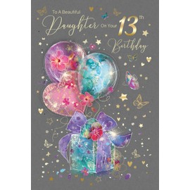 Cherry Orchard Daughter 13th Happy Birthday Card Balloons and Present Design with Gold Foil Detailing and Gold Envelope from