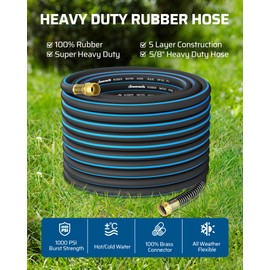 DEWENWILS 5/8" x 75FT Heavy Duty Garden Hose, 300psi Working & 1000psi Burst, Solid Brass 3/4" GHT Fittings, Hot/Cold Water, 5 Layer Construction, Rubber Water Hose for Yard, Garden, Lawn