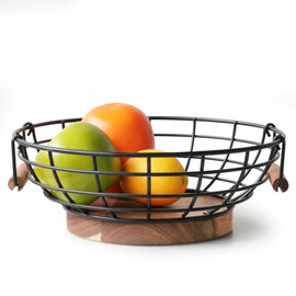 WILDMOS Fruit Basket,black Wire Basket with Acacia Wood Base,large Fruit Bowl for Countertop,black Baskets for Fruits, Breads, Vegetables Storage. (10-inch)