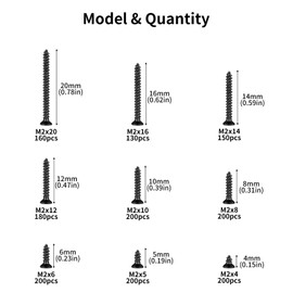 1620 Pcs M2 Screws for Wood Screws Assortment, Self Tapping Screws, Small Self-tapping Screws, Assorted Screws Set, Mixed Cross Flat Head Screws for Drywall Chipboard Furniture Decking Screws(Black)