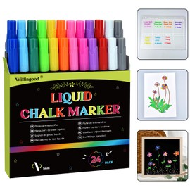 24 Pieces Liquid Chalk Pens, Multicoloured Washable Chalk Markers, Window Pens, Blackboard Pens Whiteboard Marker for Chalkboard, Whiteboard, Window, Glass, Fine Tip, 12 Colours, Ideal Gifts