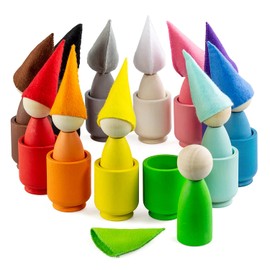 Ulanik Large Peg Dolls with Cups and Hats Montessori Toy Wooden Sorter Game 12 Gnomes 85 mm Age 3+ Color Sorting and Counting Peg Dolls Preschool Learning Education
