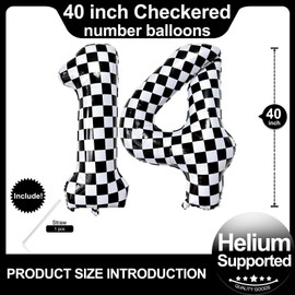 Number 14 Checkered Balloons 40 Inch Giant Race Car Checkered 14 Number Balloons for 14th Race Car Checkered Birthday Party Supplies