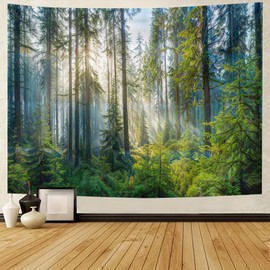 BCughia Tapestry 200 x 200 cm, Green Trees Misty Forest Nature Landscape Print Polyester Fabric Wall Hangings Wall Decoration
