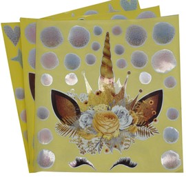 Maydahui 3 Sheets Unicorn Wall Decals 11inch Gold Flowers Wall Sticker Large Horn Ears Eyelash Stickers Dreamy Flash Powder Ball Decal for Gilrs Bedroom Christmas Decoration