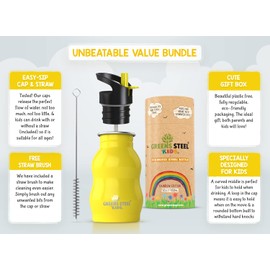 Kids Water Bottle - 350ml, Yellow | Stainless Steel | Upgraded Leak Proof Lid With Straw & Handle for Children | Easy Sip Toddler Cup | Eco Friendly Drinks Bottle | Great for a Lunch box or Gift