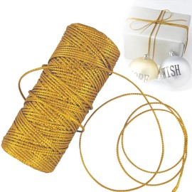 Diyxisk Gold Cord, 100 m Inelastic Craft Cord, Polyester Parcel Cord, 1.5 mm Wide Ribbon Gold, for DIY Crafts, Cord Christmas, Wedding Decoration or Gift Packaging