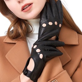 ZLUXURQ Womens Vintage Soft And Thin Excellent Quality Lambskin Leather Touch Screen Black Driving Gloves
