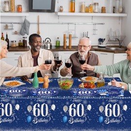 Tablecloth 60th Birthday Men Women, Pack of 2 Paper Tablecloth Roll Navy Blue Silver Disposable Tablecloths Party Tablecloths 60th Birthday Decoration Tablecloths for Adults 60th Birthday Table