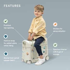 Stokke JetKids BedBox, Sea Green - Ride-On Suitcase for Kids 2-7 Years Old (up to 77 lbs) - Transforms Into Bed - Includes Mattress, Decorative Stickers & Adjustable Carrying Strap