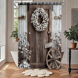 Drgilau Rustic Barn Door Shower Curtain, Farmhouse Wooden Shower Curtain Vintage Country Cotton Flowers Bathroom Curtains Decor Waterproof Bath Curtains with 12 Hooks, Brown-2 72X72 Inch