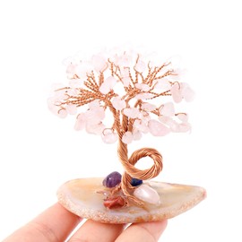 1PCS Natural Rose Quartz Crystal Tree Handmade Wire Wrapped on Natural Agate Slice Base Home Desk Living Room Healing Feng Shui Mineral Specimen