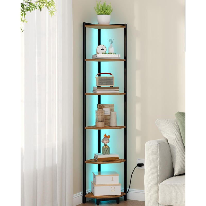 Hzuaneri Corner Shelf with LED Light, 6-Tier Corner Bookshelf, Tall