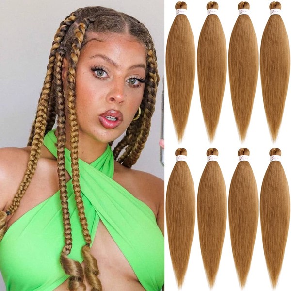 Leeven 8 Packs Brown Pre Stretched Braiding Hair Extensions 20 Inch Yaki Hot Water Setting Fiber EZ Braid Pre-stretched Braiding Hair for Box Braids Knotless Braids /20 Inch 27#
