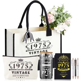Supervitae 7 Pcs 30th 40th 50th 60th Birthday Gifts Canvas Tote Bag for Women Decorations Beach Tote & Makeup Bag for Her(1975)