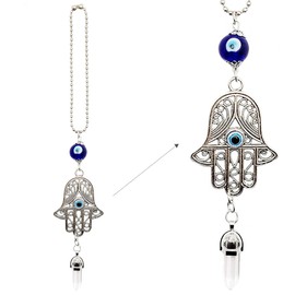 LUCKBOOSTIUM Hamsa Hand Protection Amulet - Evil Eye Car Hanging Ornament, Evil Eye Charms, Car Accessories - Hamsa Hand Car Charm, Hamsa Hand with Evil Eye Good Luck Charms - (2"x11", Quartz)