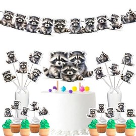 Raccoon Party Decor Set - Woodland Creature Celebration Kit for Birthdays & Baby Showers, Includes Banners, Centerpieces, Cupcake Toppers