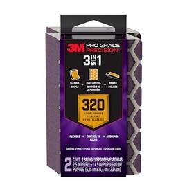 3M Pro Grade Precision 3-in-1 Sanding Sponge, 320 Grit X-Fine, 2 Sponges, Washable & Reusable, for Wood, Metal, Drywall, and Paint Finishing – Flexible Foam, Contoured, Angled, Flat