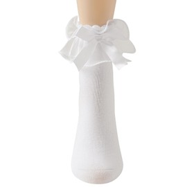 AMHRLINGTO Lace Ruffle Frilly Socks for Women, Comfortable Cotton Cute Lace Ankle Socks with Bow (US, Numeric, 5, 9, Regular, Regular, White-1 Pairs)