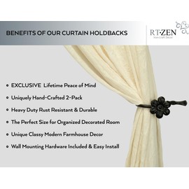 RTZEN Curtain Holders for Wall - Farmhouse Curtain Hooks for Drapes - Creative Black Curtain Tiebacks - Wrought Iron Drapery Curtain Holdbacks - Unique Metal Tie Backs for Curtains - 2 Pcs