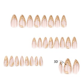Press on Nails Almond Medium Length-Glossy Full Cover Acrylic Gold French False Nails with 3D Designs Artificial Pointed Almond Fake Nails with Charms Glue on Fingernails for Women Girls