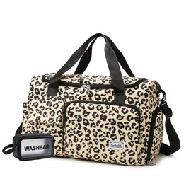 Small Gym Bag for Women, Travel Duffle Bag Carry On Weekender Bag with Shoe Compartment, Leopard#Yellow, Gym Bag&toiletry Bag