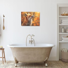 Fall Fox Decor Wall Art Autumn Pictures Maple Leaf Canvas Prints Painting Cute Fox Artwork Home Decoration for Bathroom Bedroom Living Room Framed Gifts 12"x16"