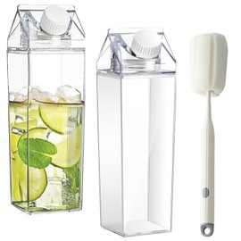 Pack of 2 Milk Carton Water Bottle, 1000 ml Clear Water Bottle, Reusable Square Milk Bottle, Transparent Milk Carton, Juice Container Bottle with Brush, for Camping, Activities