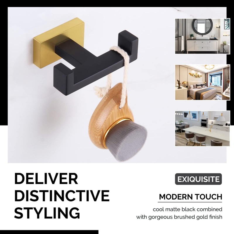 Angle Simple Double Towel Hook Black & Gold, Stainless Steel