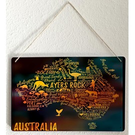 Tin Sign Retro Vintage Metal Poster for the Living Room Australia Map with Writing Motif 20 x 30 cm