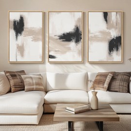 Framed Large Neutral Abstract Wall Art for Living Room, 3 Piece Modern Canvas Artworks, Minimalist Painting Prints for Dining Room Hallway Home Office Wall Decor, 24x36 In