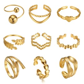 9 Piece Gold Rings Set for Women Stainless Steel 18K Real Gold Plating Adjustable Chunky Rings for Women Girls, 18K gold plated, No Gemstone