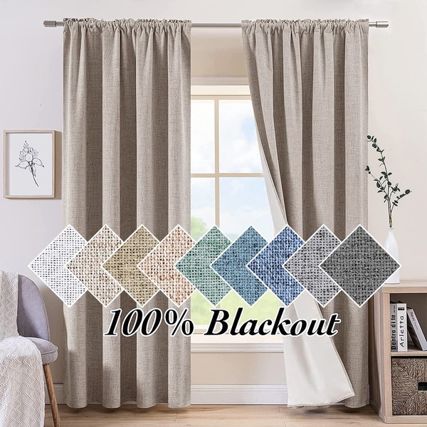 MIULEE 90 Inches Long 100% Blackout Curtains Linen Textured Thermal Insulated Rod Pocket Room Darkening Noise Reducing Burlap Light Blocking Window Curtain 2 Panels Set, W52xL90, Natural Taupe