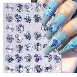 Laser Blue Nail Art Adhesive Sticker 3D Self-Adhesive Nail Decals Art Design Holographic Cherry Tulip Peony Nail Art Sticker Decoration for Women Manicure Tips Acrylic Nails DIY Nails Art Supplies