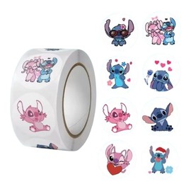 Rollo 500 pcs etiquetas, calcamonías, pegatinas, stickers Stich 2.5 cms (1 pulgada), 8 Diseños de Etiquetas Adhesivas para Niños, Decoración, Fiestas, etc.